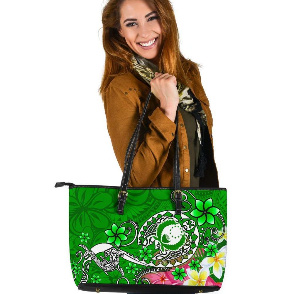 Pohnpei Large Leather Tote Bag - Turtle Plumeria (Green) Green - Polynesian Pride