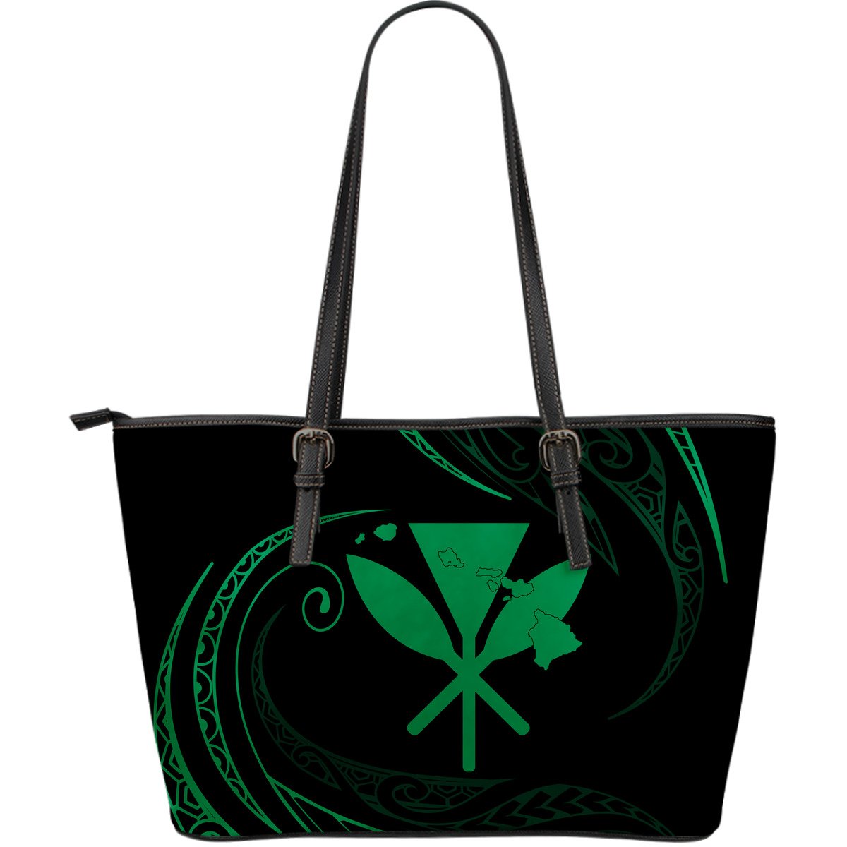 kanaka Large Leather Tote - Green - Frida Style Black - Polynesian Pride