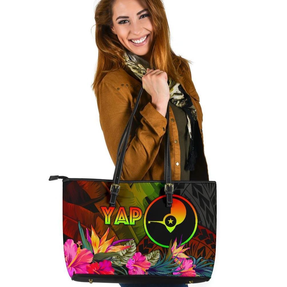 YAP Polynesian Large Leather Tote Bag - Hibiscus and Banana Leaves Reggae - Polynesian Pride