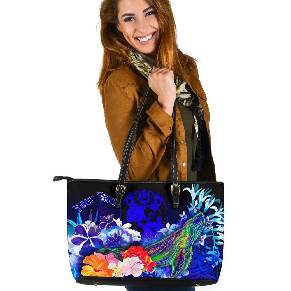 Tonga Custom Personalised Large Leather Tote Bag - Humpback Whale with Tropical Flowers (Blue) Blue - Polynesian Pride