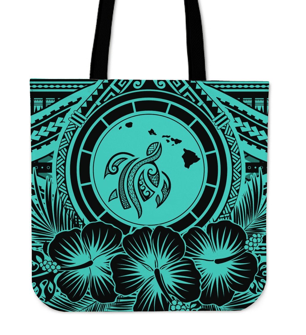 Hawaii Map Honu Hibiscus Turquoise Polynesian Tote Bag Tote Bag One Size Turquoise - Polynesian Pride