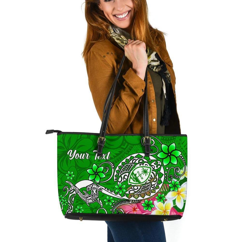 Guam Custom Personalised Large Leather Tote Bag - Turtle Plumeria (Green) Green - Polynesian Pride