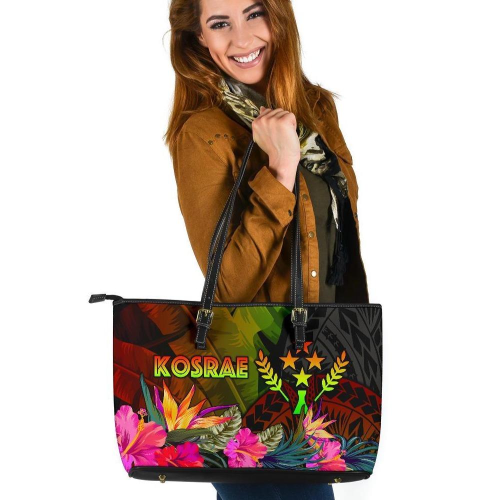 Kosrae Polynesian Large Leather Tote Bag - Hibiscus and Banana Leaves Reggae - Polynesian Pride