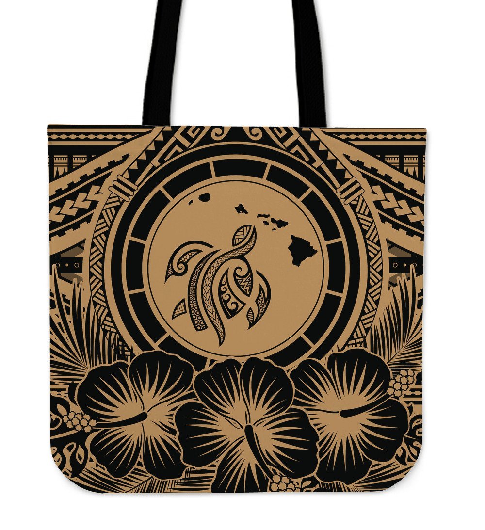 Hawaii Map Honu Hibiscus Gold Polynesian Tote Bag Tote Bag One Size Gold - Polynesian Pride