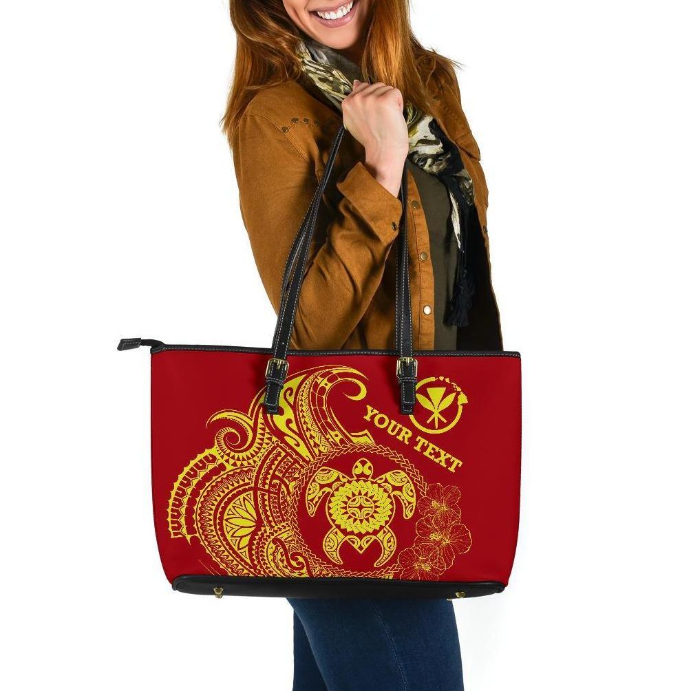 Hawaii Polynesian Personalised Large Leather Tote Bag - Vintage Polynesian Turtle (Red) Red - Polynesian Pride