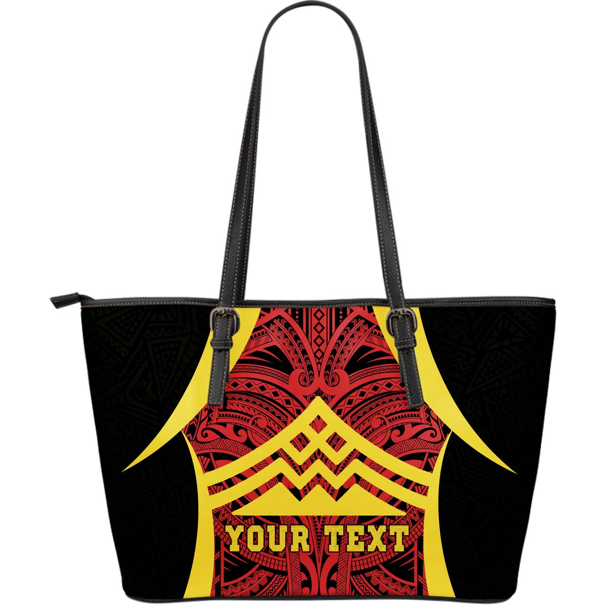 Hawaii Custom Personalised Large Leather Tote Bag - Protect Mauna Kea Red Yellow - Polynesian Pride