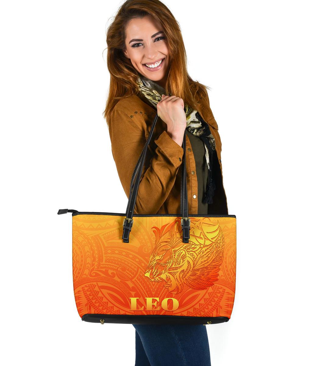 Sun In Leo Zodiac Large Leather Tote Polynesian Tattoo Simple - Orange Orange - Polynesian Pride