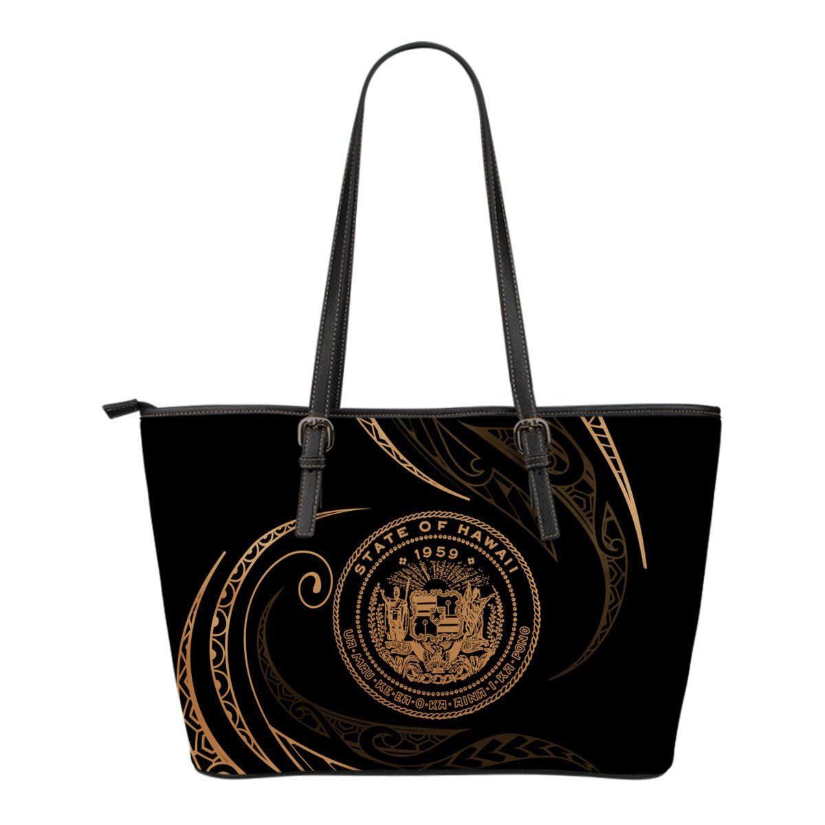 Hawaii Coat Of Arms Small Leather Tote - Gold - Frida Style Black - Polynesian Pride