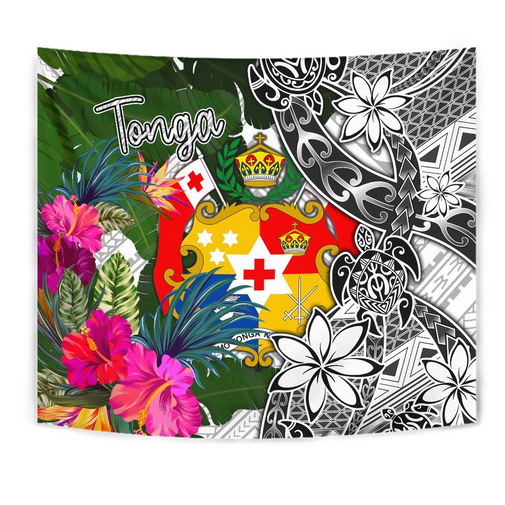 Tonga Tapestry White - Turtle Plumeria Banana Leaf Wall Tapestry White - Polynesian Pride