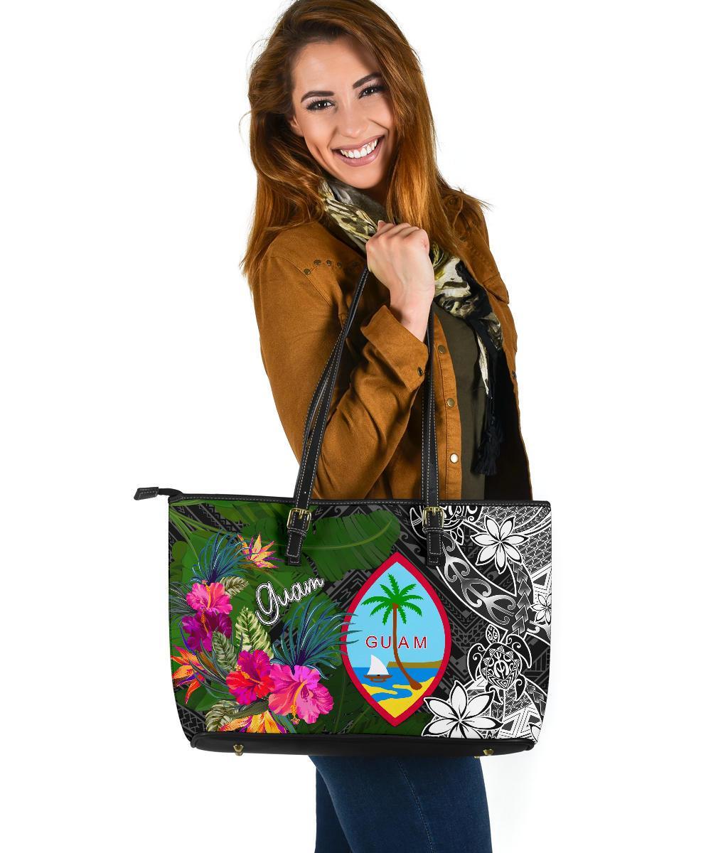 Guam Large Leather Tote Bag - Turtle Plumeria Banana Leaf Black - Polynesian Pride