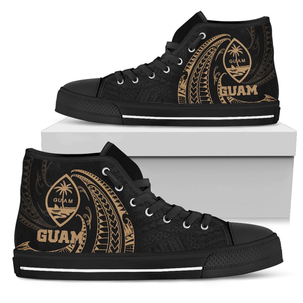 Guam Polynesian High Top Shoes - Gold Tribal Wave Kid's High Top Shoe - Black Sole - Polynesian Pride