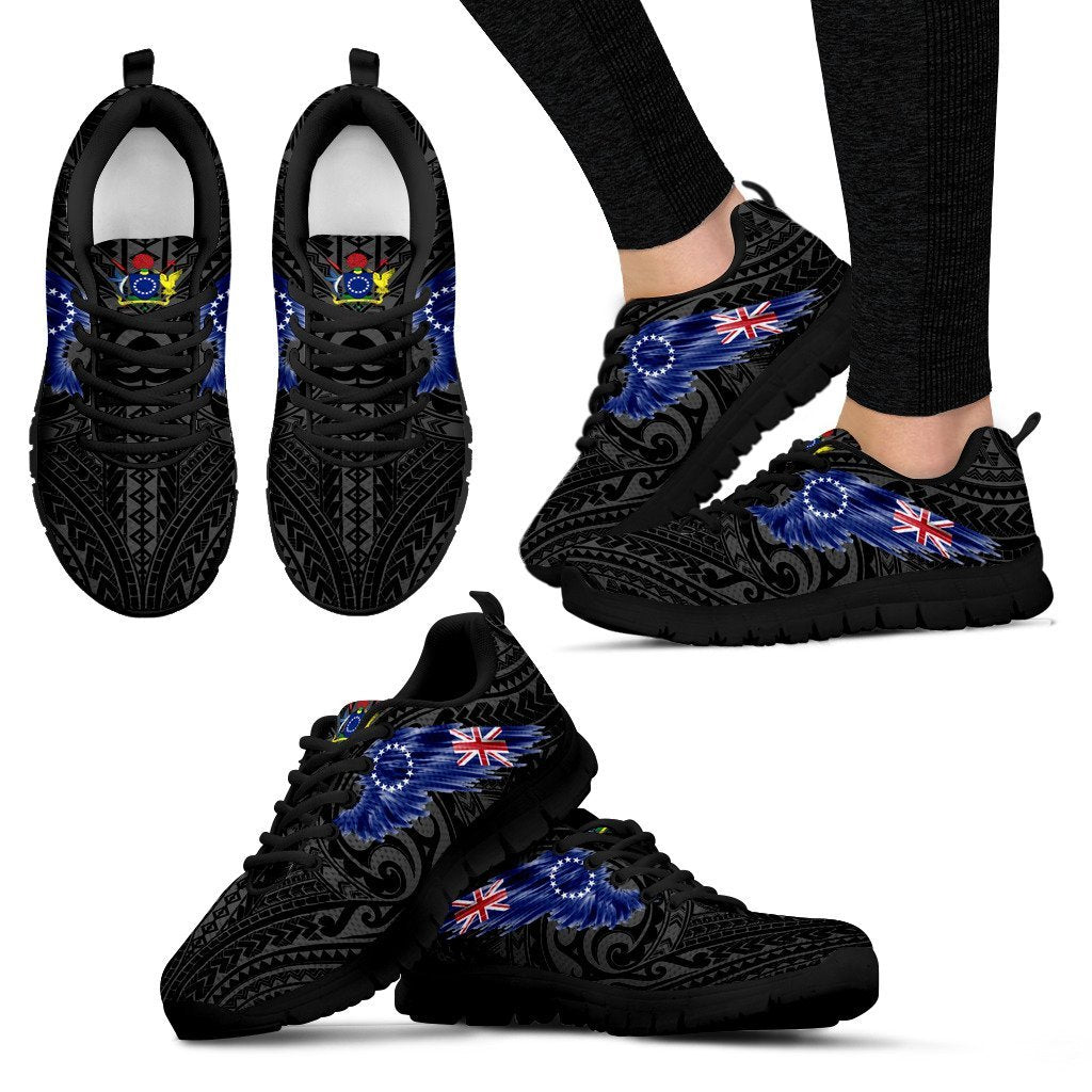 Cook Islands Sneakers - Cook Islands Coat Of Arms & Flag Wing - A8 Women's Sneakers - Black Sole - Polynesian Pride