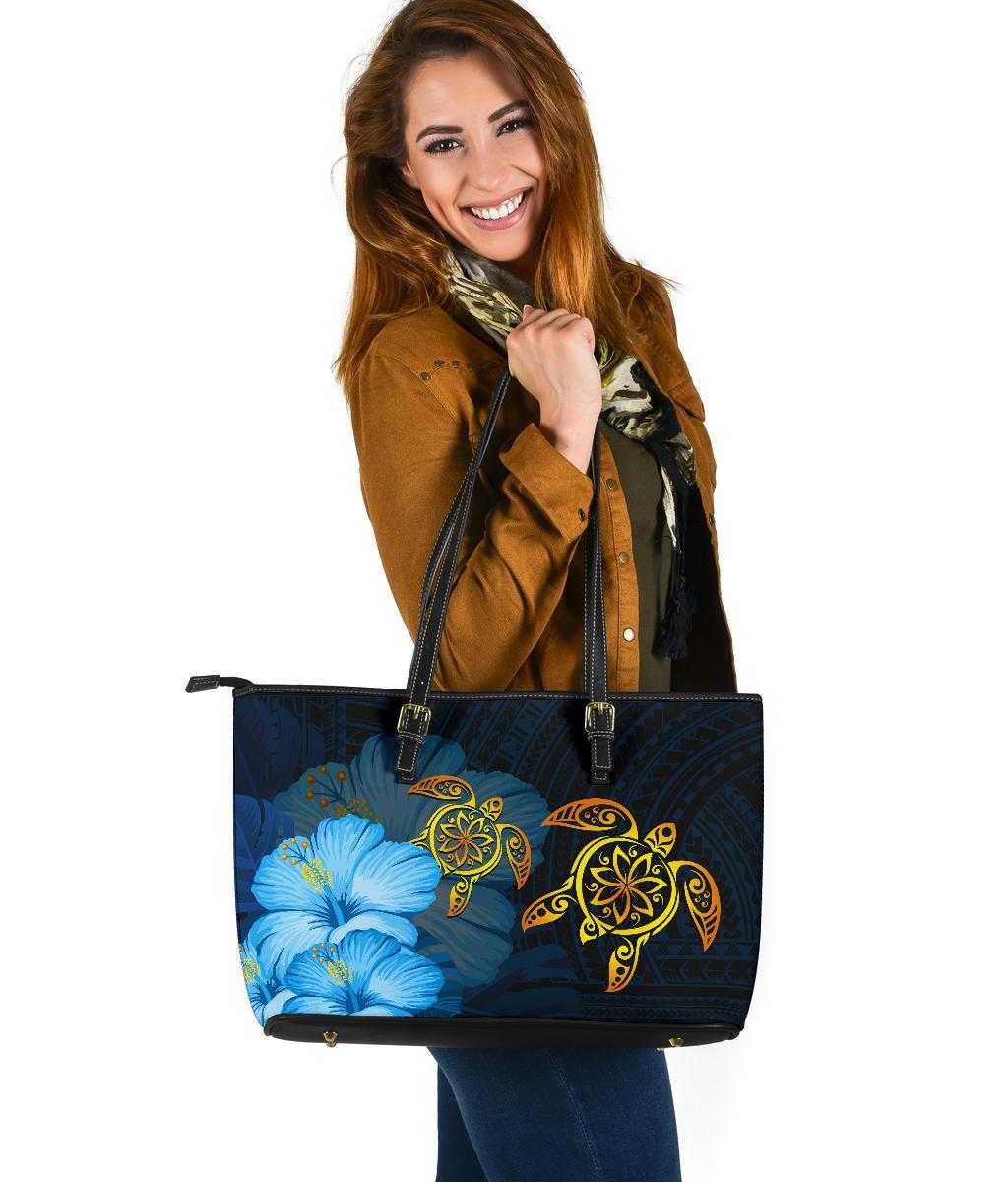 Hawaii Large Leather Tote - Turtle Hibiscus Pattern Hawaiian Large Leather Tote - Blue Blue - Polynesian Pride