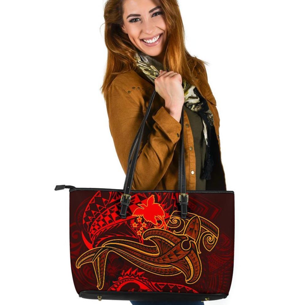 Papua New Guinea Large Leather Tote Bag - Red Shark Polynesian Tattoo Red - Polynesian Pride