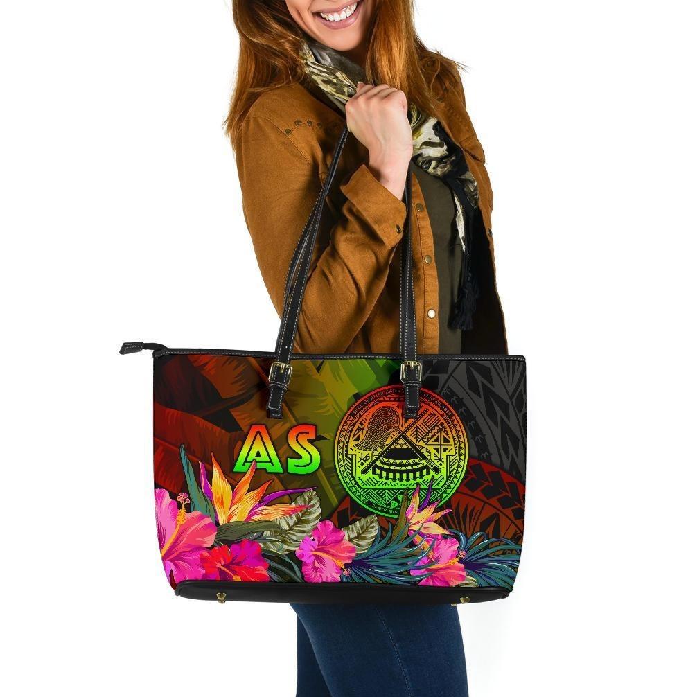 American Samoa Polynesian Large Leather Tote Bag - Hibiscus and Banana Leaves Reggae - Polynesian Pride