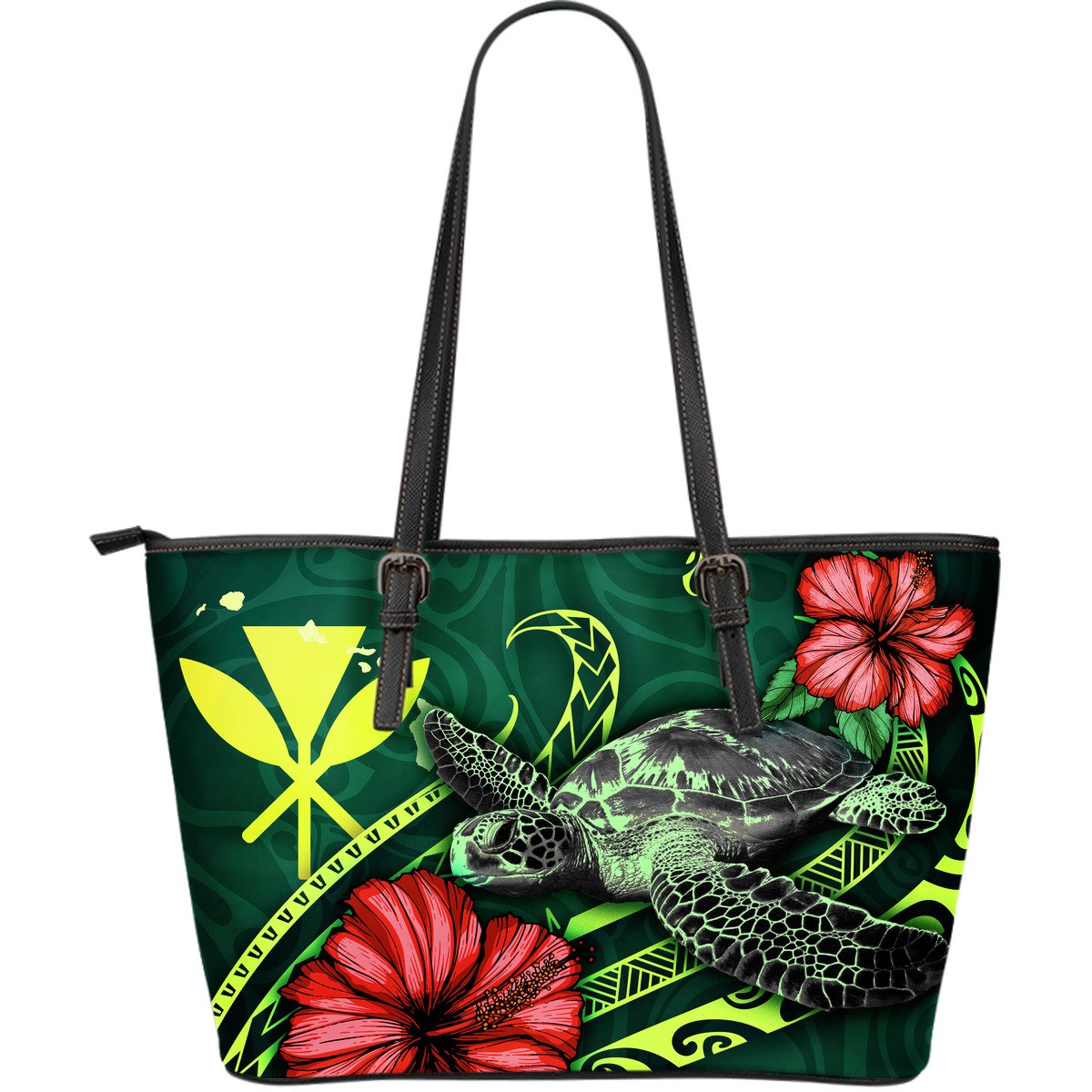 Hawaii Polynesian Leather Tote Bag - Green Turtle Hibiscus Green - Polynesian Pride