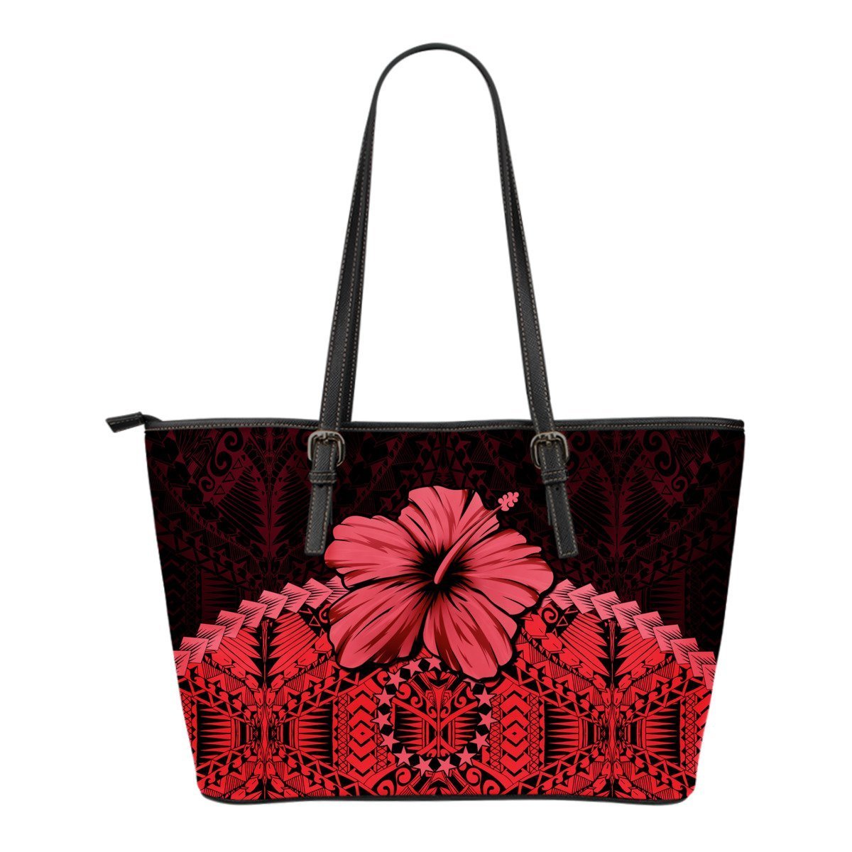 Cook Islands Small Leather Tote Bag - Hibiscus (Red) Art - Polynesian Pride