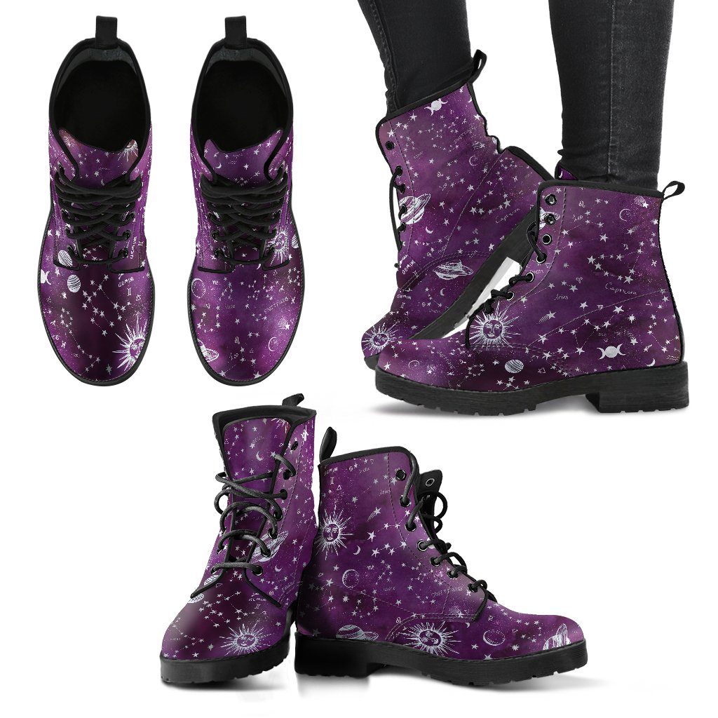 Celticone Women's Leather Boot - Purple Astrology Map Pagan Boots - Polynesian Pride