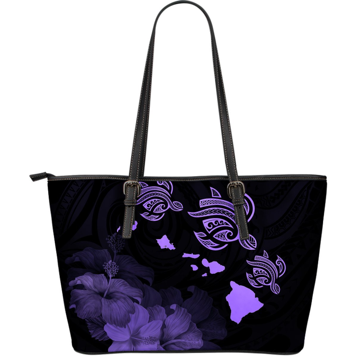 Hawaii Hibiscus Map Polynesian Ancient Violet Turtle Large Leather Tote Violet - Polynesian Pride