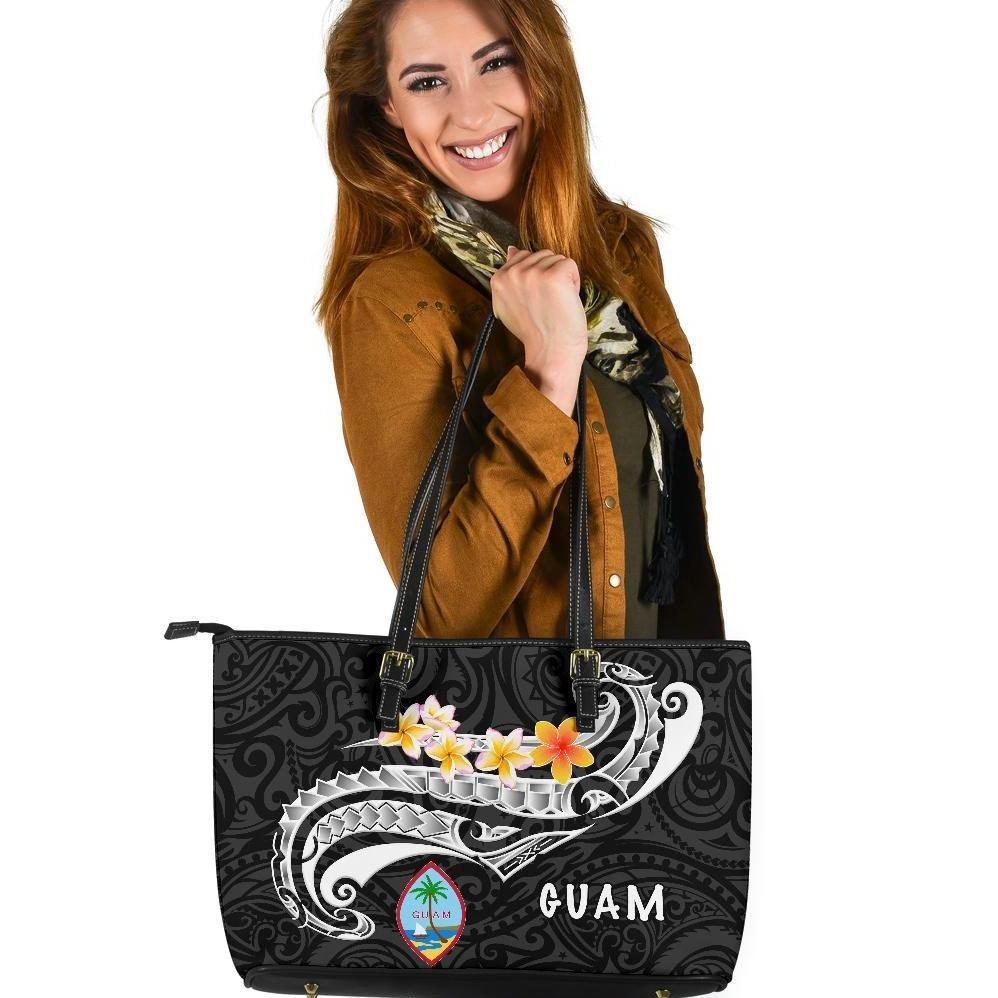 Guam Leather Tote Bag - Guam Seal Polynesian Patterns Plumeria (Black) Black - Polynesian Pride