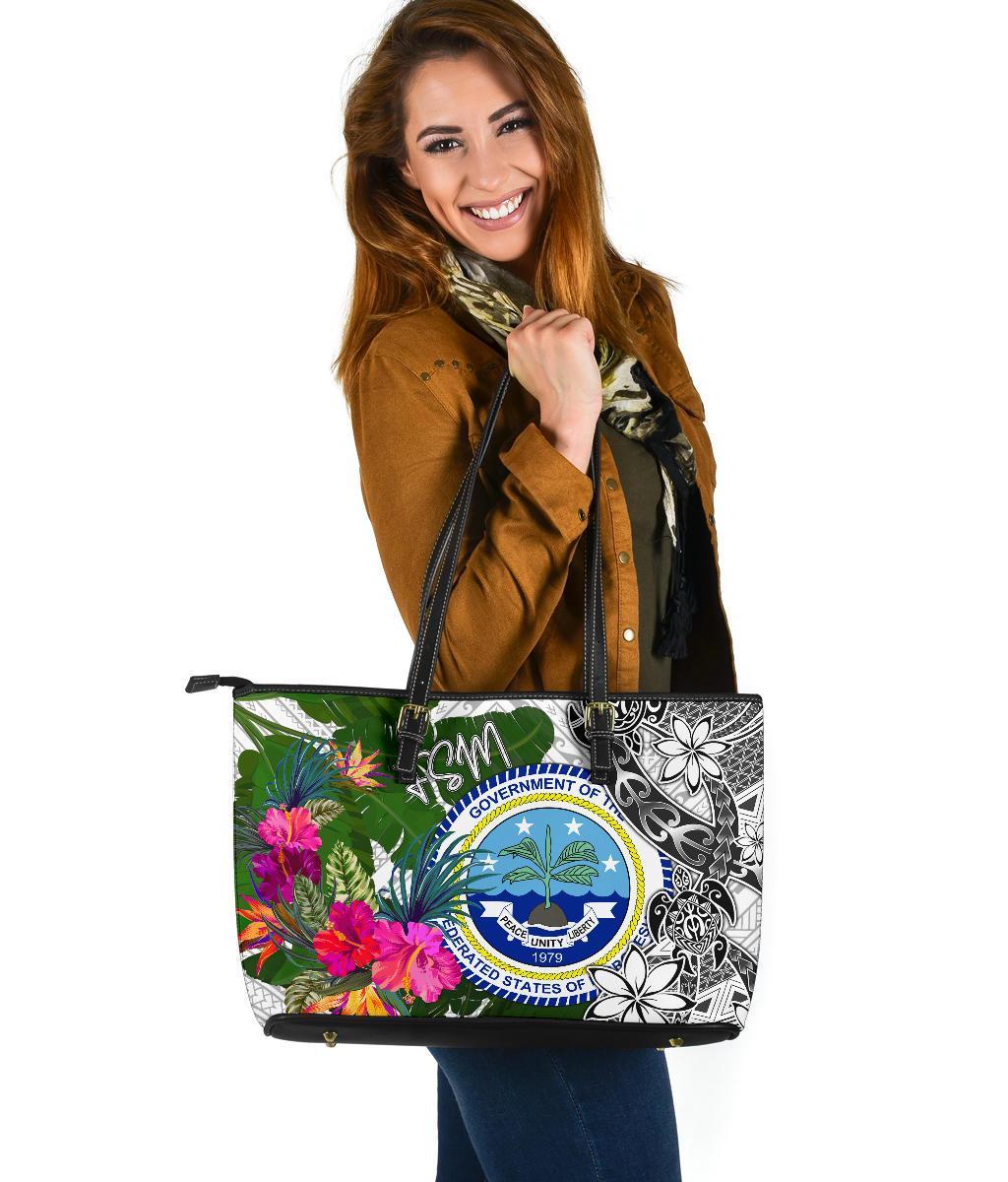 Federated States of Micronesia Large Leather Tote Bag White - Turtle Plumeria Banana Leaf White - Polynesian Pride