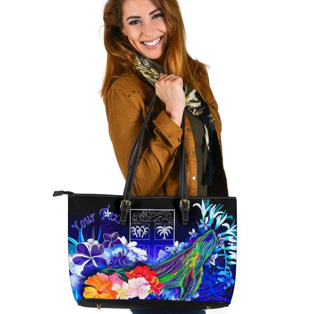 Fiji Custom Personalised Large Leather Tote Bag - Humpback Whale with Tropical Flowers (Blue) Blue - Polynesian Pride