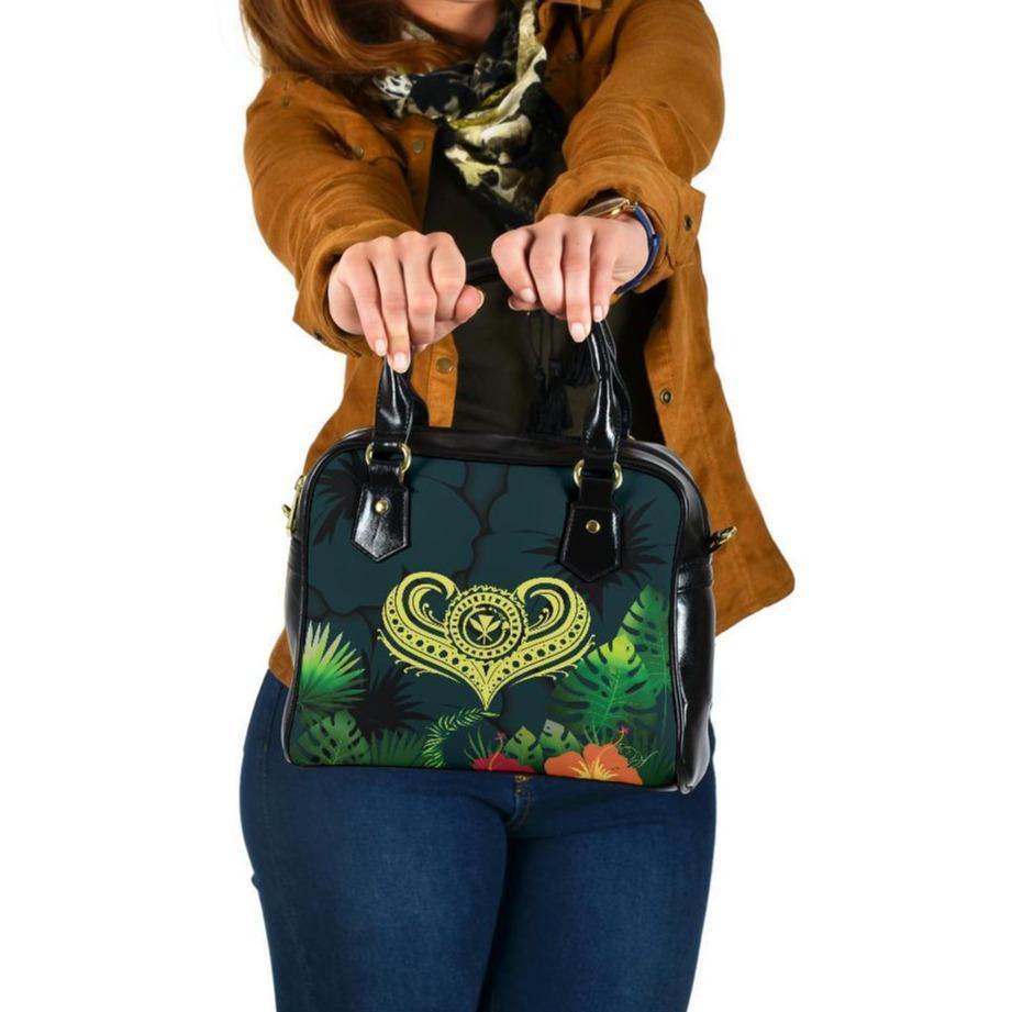 Polynesian Hawaii Kanaka Maoli Shoulder Handbag - Heart with Hibicus One Size Green - Polynesian Pride