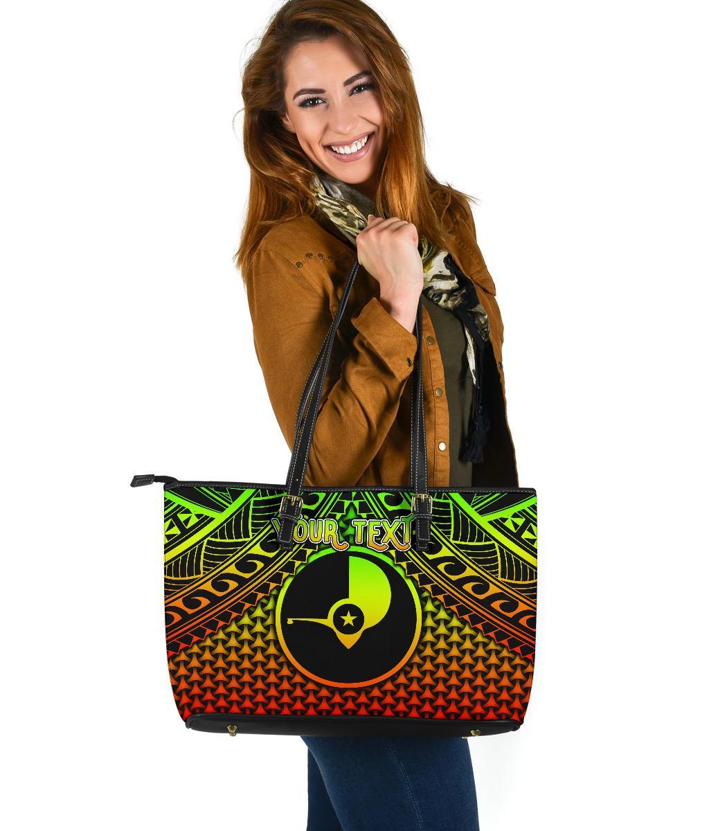 Polynesian Yap Personalised Leather Tote Bag - Reggae Vintage Polynesian Patterns Black - Polynesian Pride