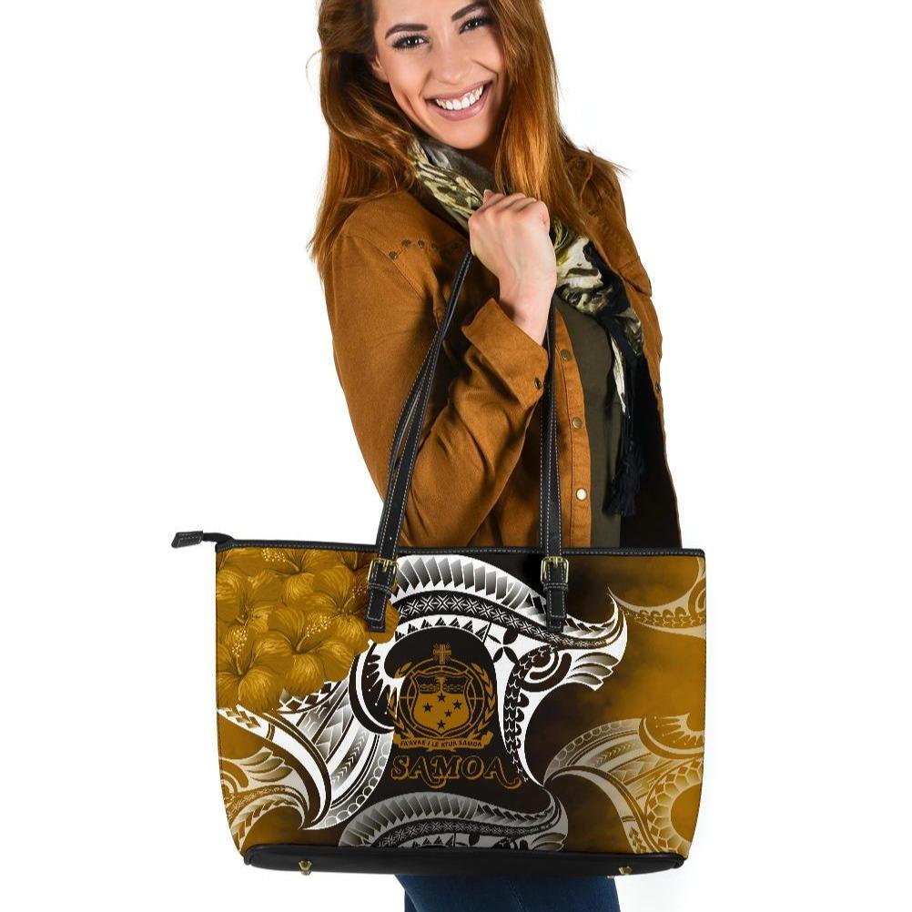 Samoa Large Leather Tote Bag - Samoa Seal Wave Style (Gold) Gold - Polynesian Pride