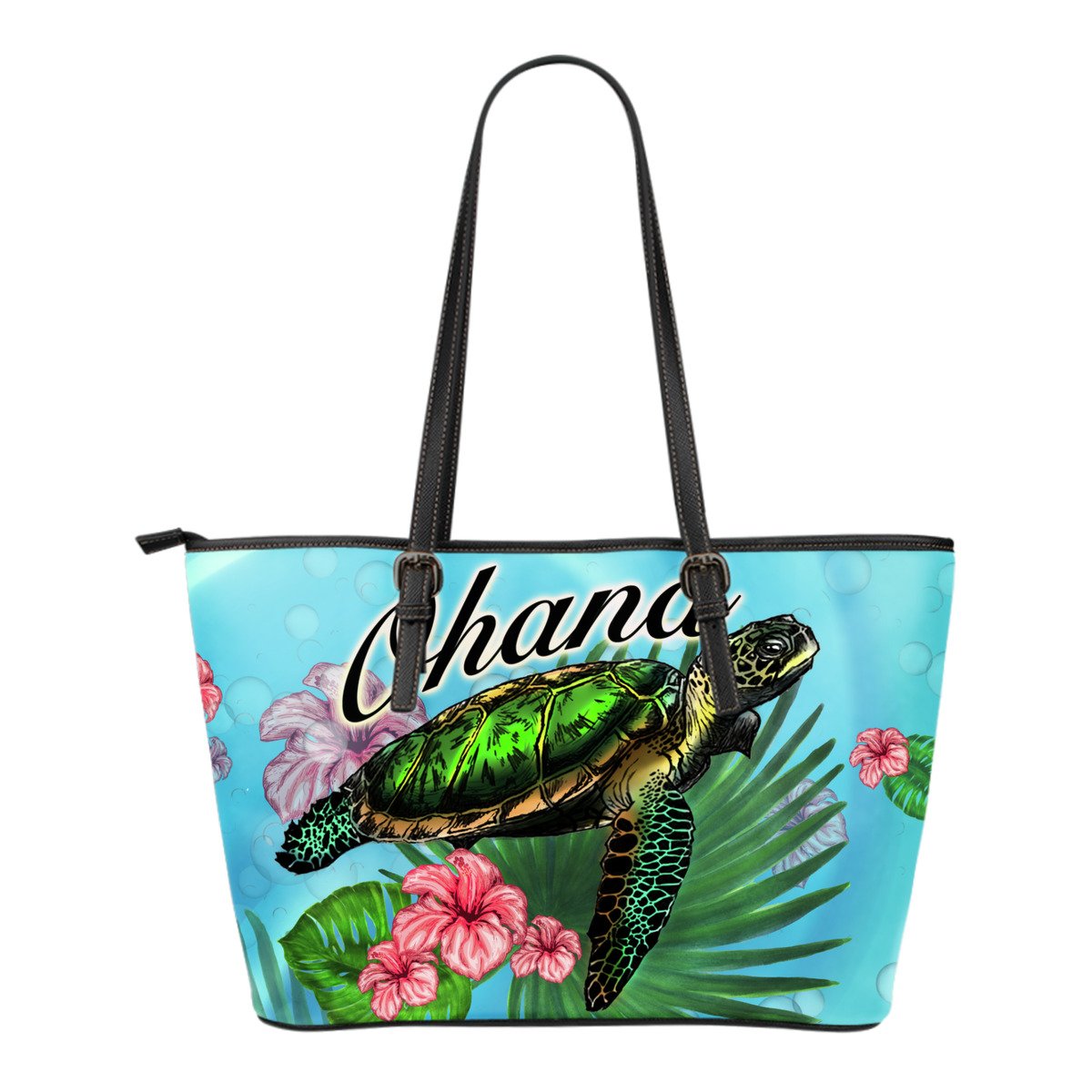 Ohana Turtle And Hibiscus Small Leather Tote Bag White - Polynesian Pride