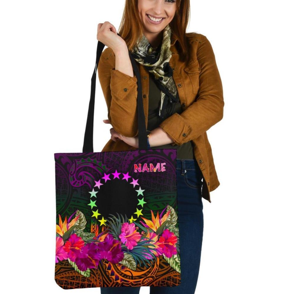 Cook Islands Personalised Polynesian Tote Bags - Summer Hibiscus Tote Bag One Size Black - Polynesian Pride