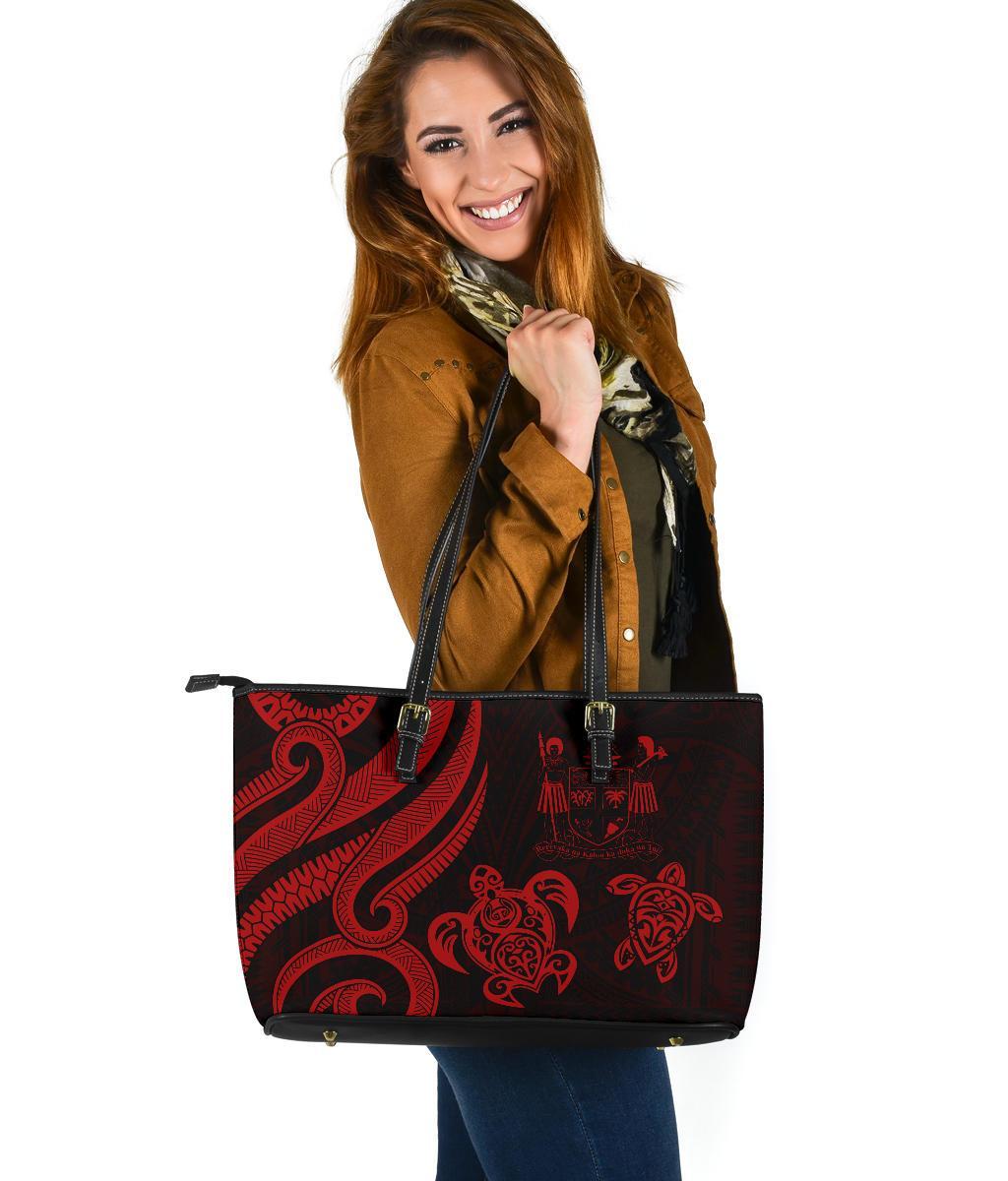 Fiji Polynesian Large Leather Tote Bag - Red Tentacle Turtle Crest Red - Polynesian Pride