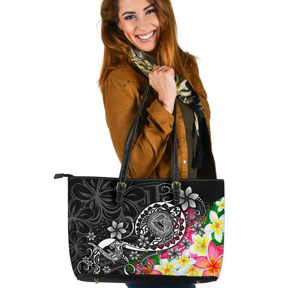 American Samoa Polynesian Large Leather Tote Bag - Turtle Plumeria (Black) Black - Polynesian Pride