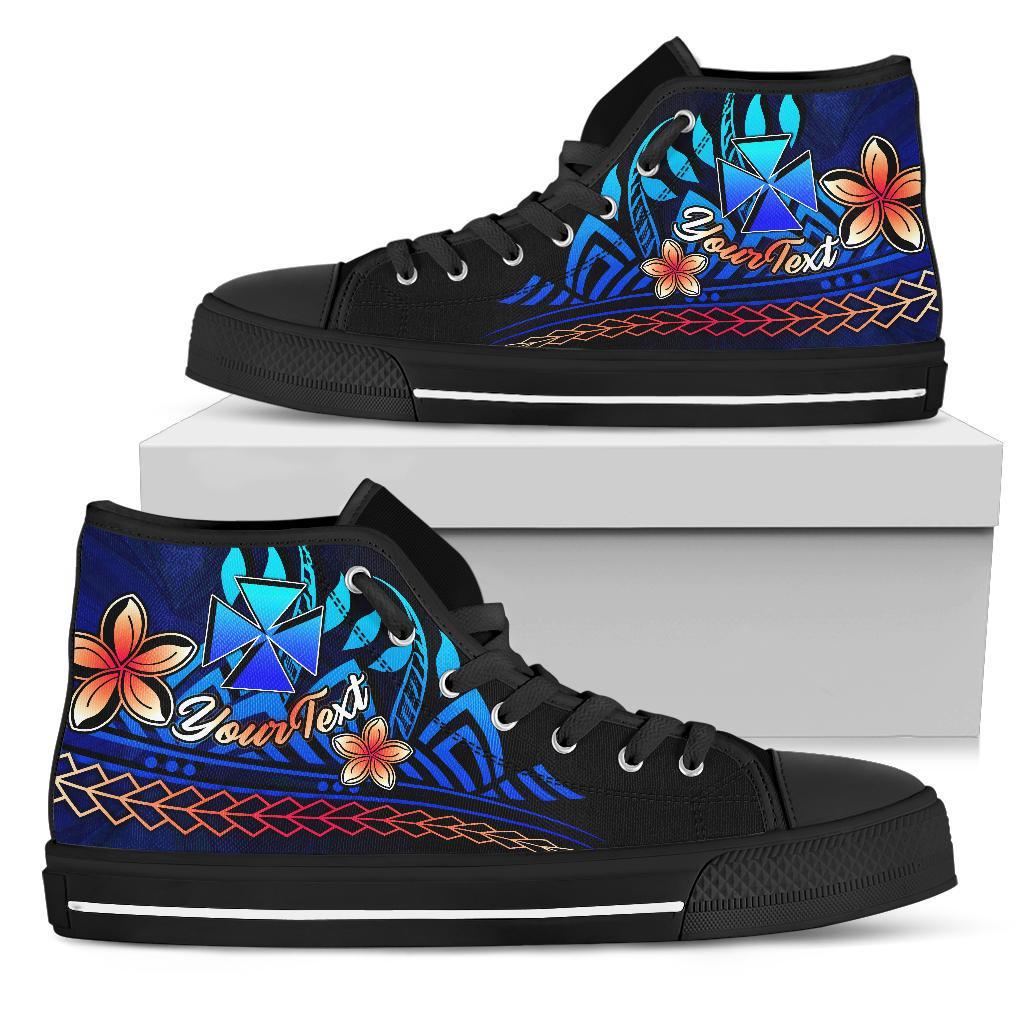 Wallis and Futuna Custom Personalised High Top Shoes Blue - Vintage Tribal Mountain Kid - Black Sole - Polynesian Pride