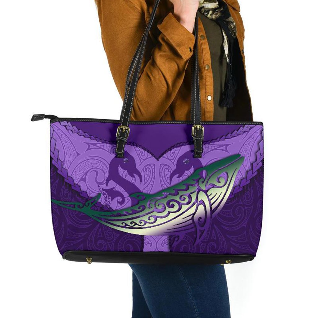 Maori Manaia Whales Gods Of The Sea Leather Tote Bag, Purple Purple - Polynesian Pride