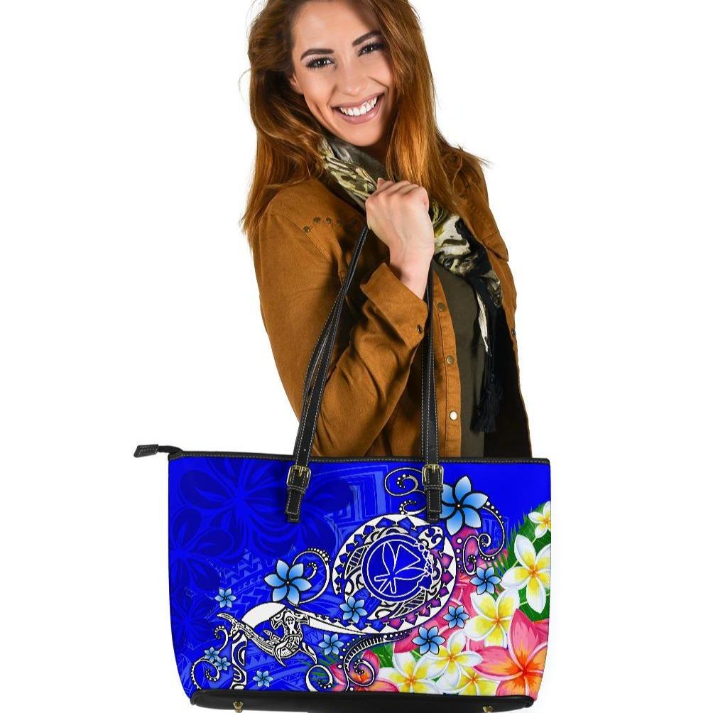 Hawaii Polynesian Leather Tote Bag - Turtle Plumeria (Blue) Blue - Polynesian Pride