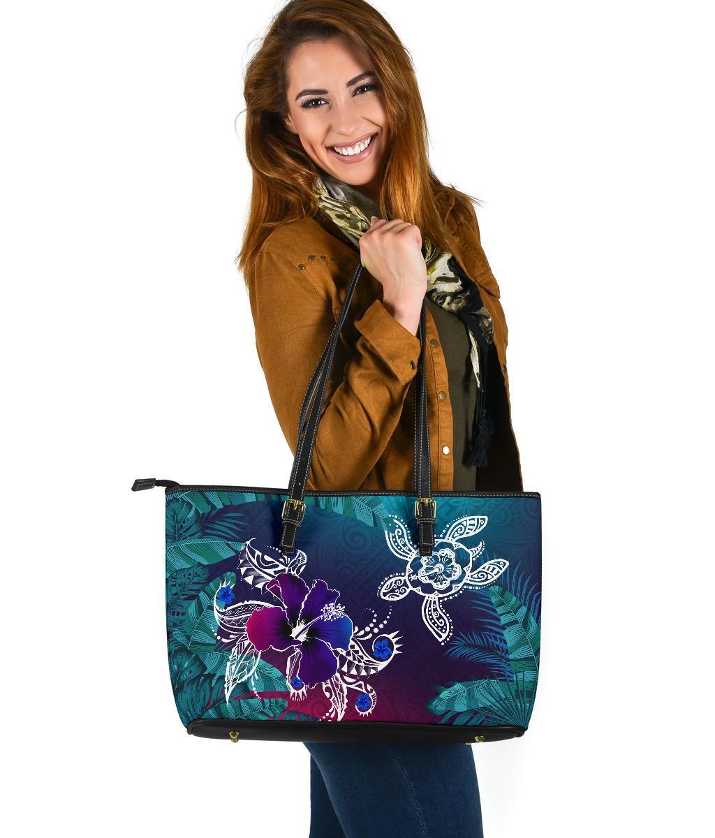 Hawaii Leather Tote - Hawaii Turtle Flowers And Palms Retro Green - Polynesian Pride