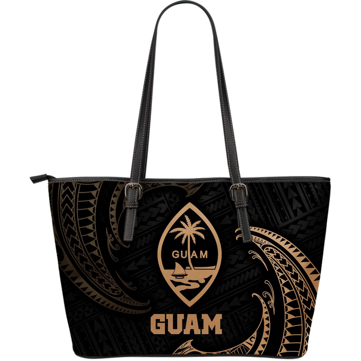 Guam Polynesian Leather Tote Bag - Gold Tribal Wave Black - Polynesian Pride