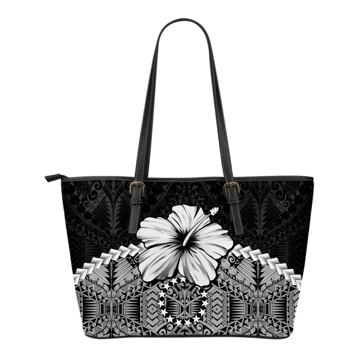 Cook Islands Small Leather Tote Bag - Hibiscus (Gray) Art - Polynesian Pride