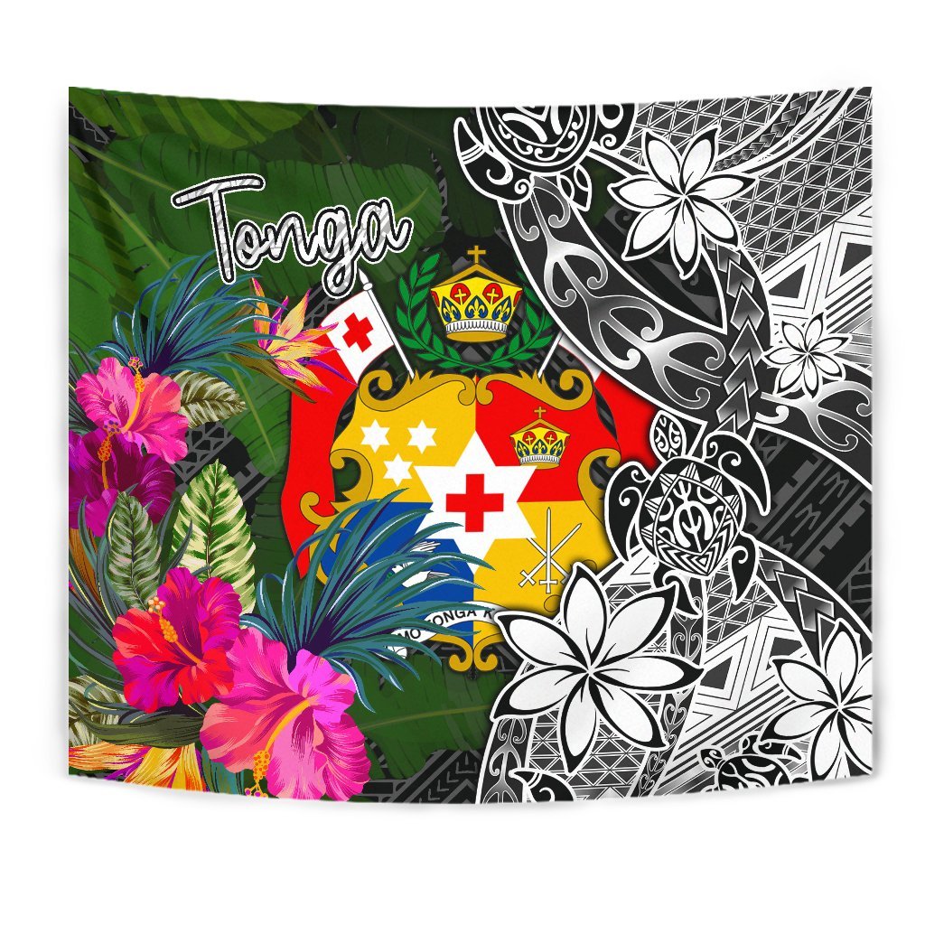 Tonga Tapestry - Turtle Plumeria Banana Leaf Wall Tapestry Black - Polynesian Pride