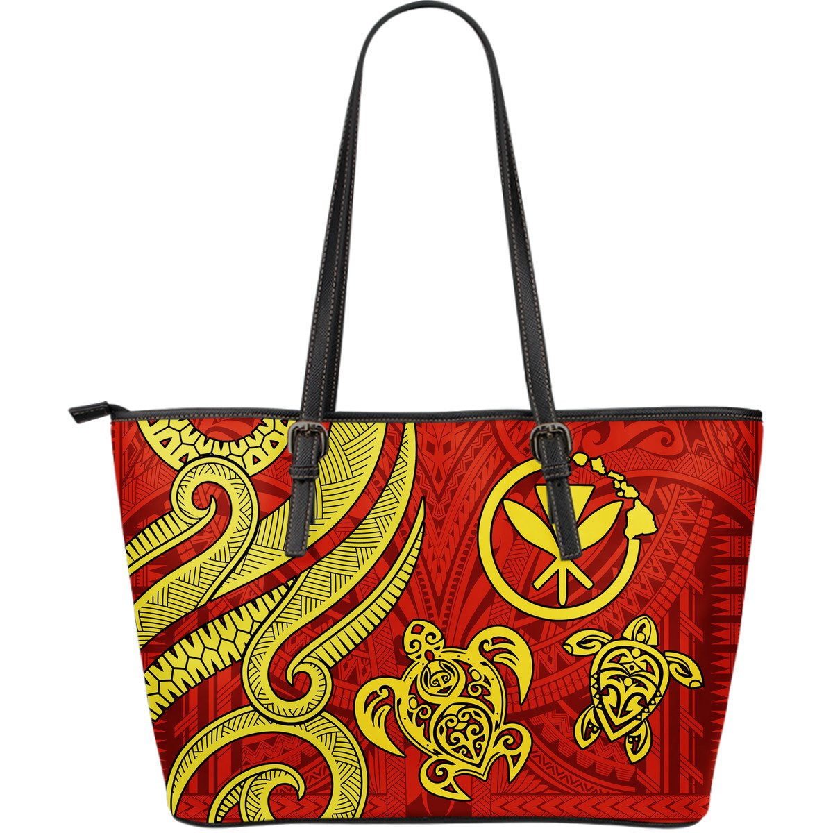 Polynesian Hawaii (Kanaka Maoli) Large Leather Tote Bag - Red Tentacle Turtle Red Yellow - Polynesian Pride