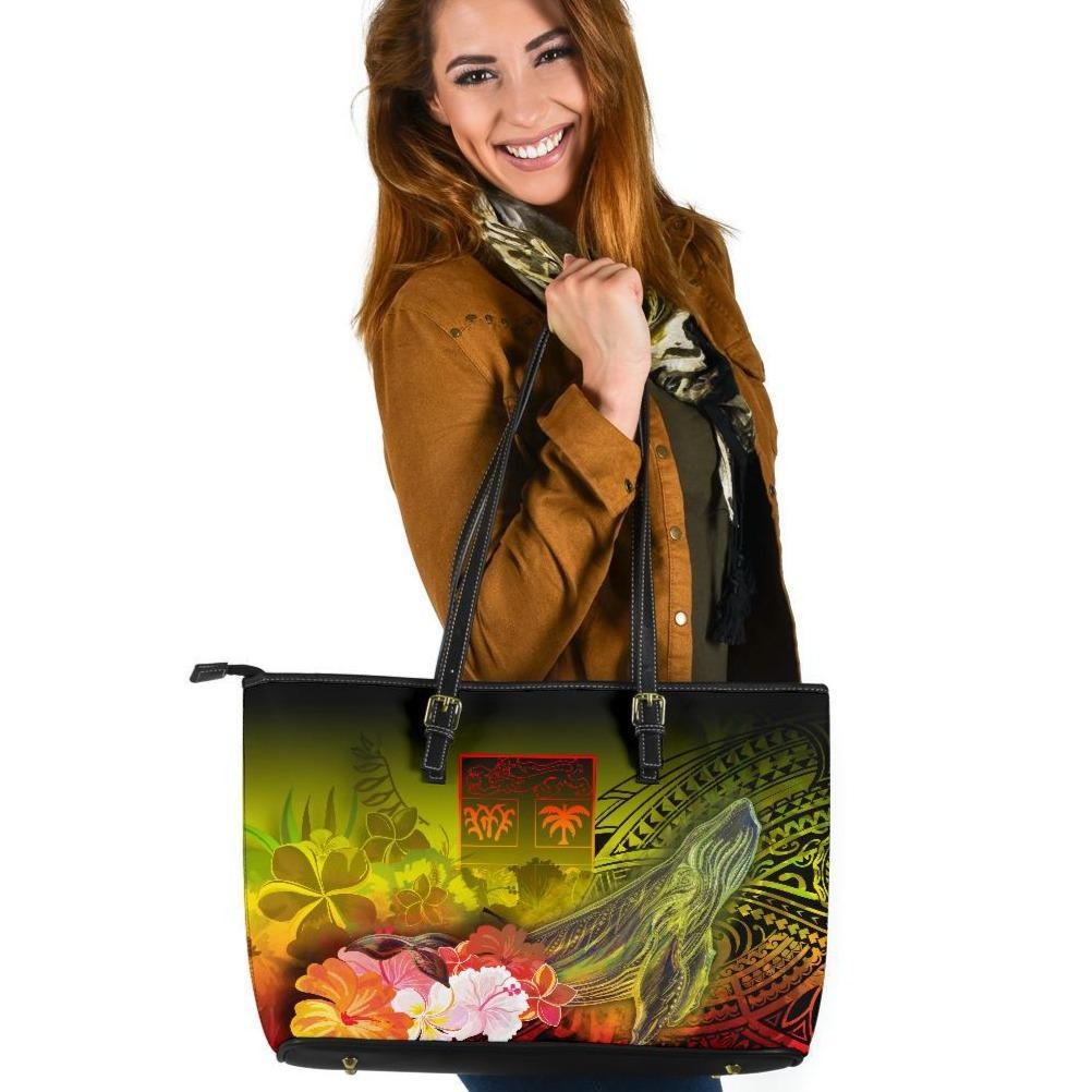 Fiji Large Leather Tote Bag - Humpback Whale with Tropical Flowers (Yellow) Yellow - Polynesian Pride