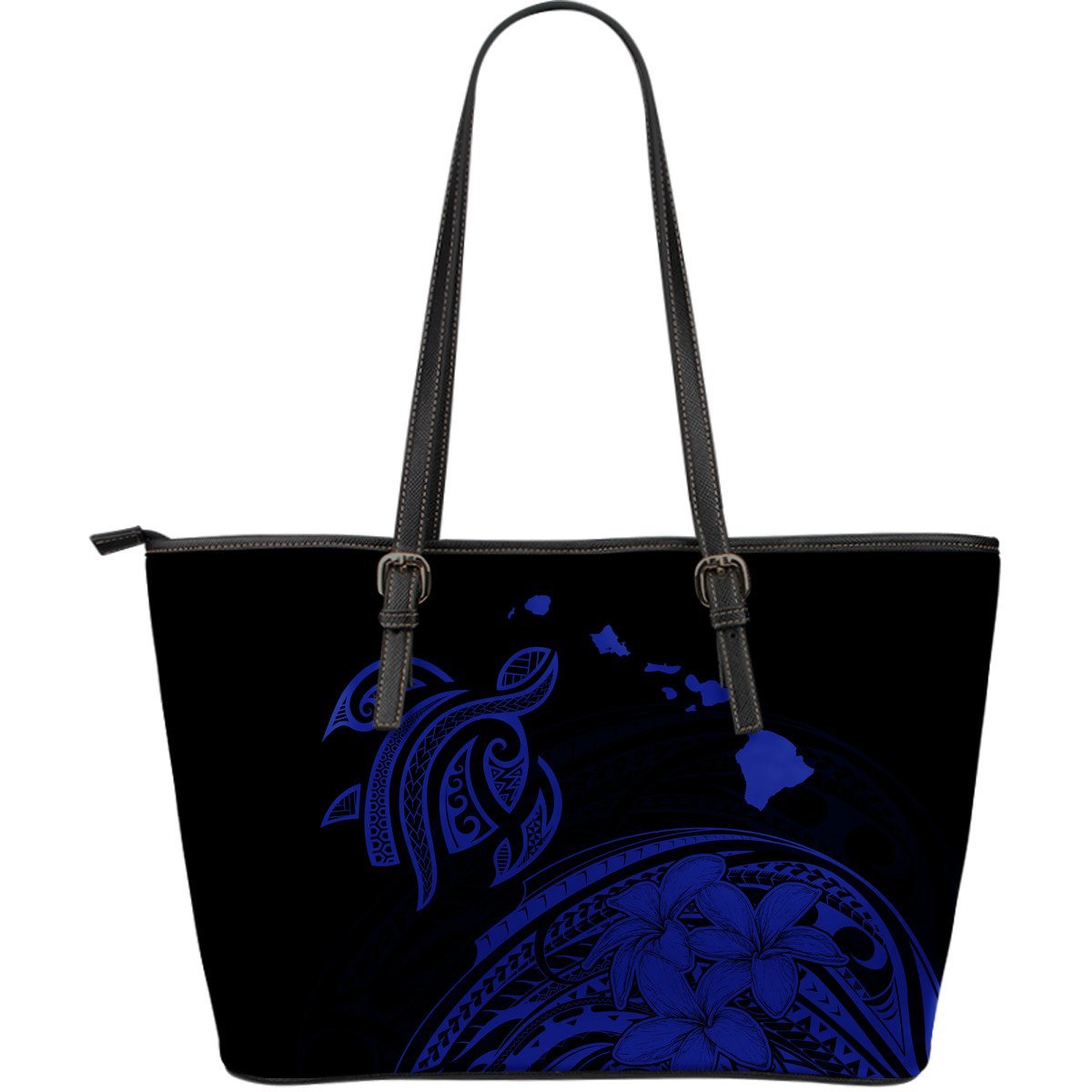 Hawaii Map Plumeria Polynesian Blue Turtle Large Leather Tote Blue - Polynesian Pride