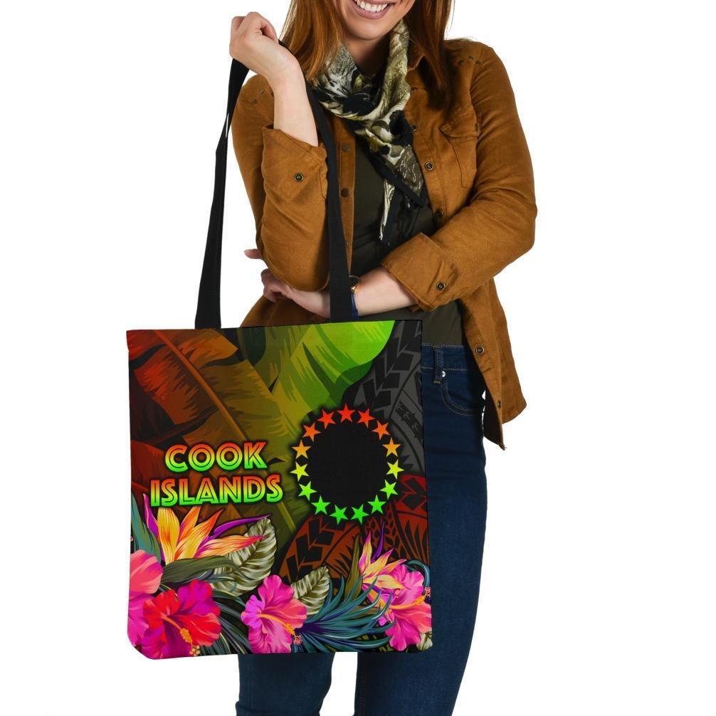 Cook Islands Polynesian Tote Bags - Hibiscus and Banana Leaves Tote Bag One Size Reggae - Polynesian Pride