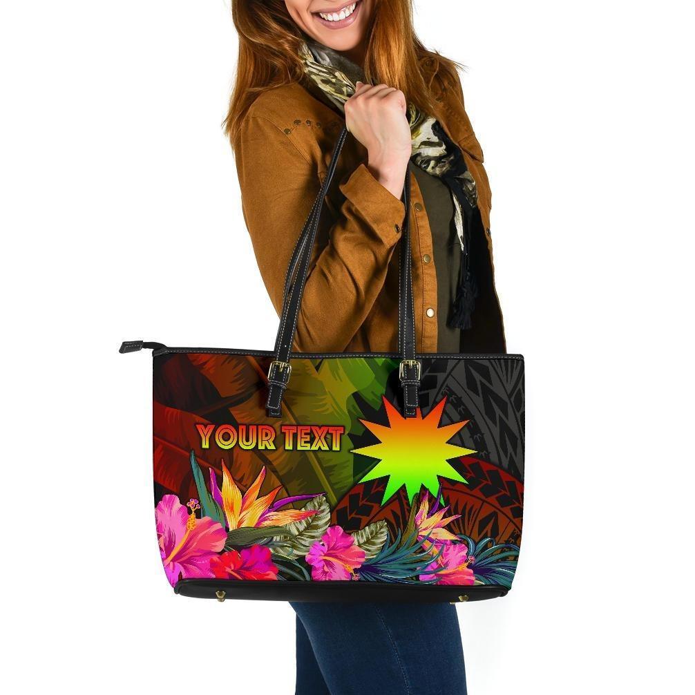 Nauru Polynesian Personalised Large Leather Tote Bag - Hibiscus and Banana Leaves Reggae - Polynesian Pride