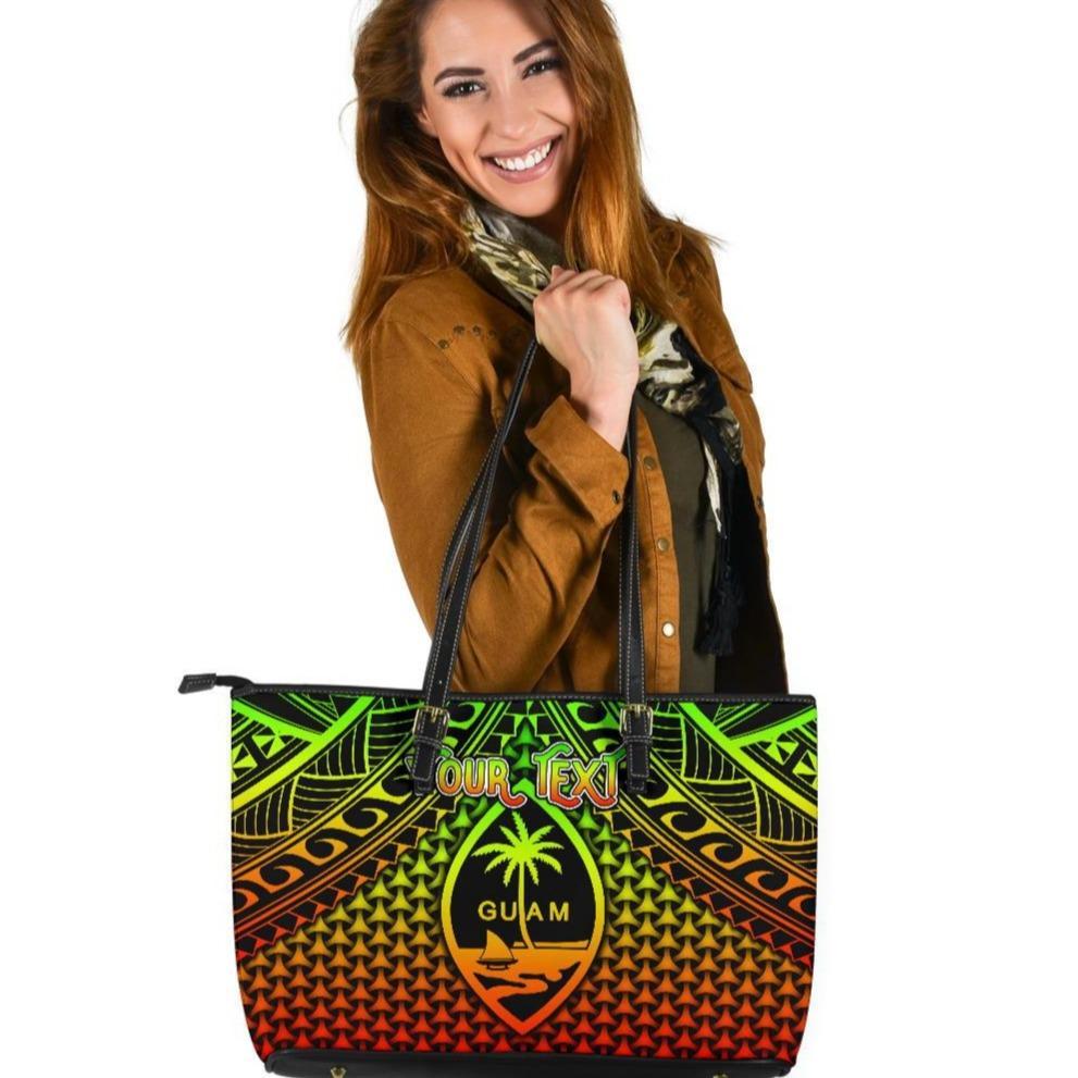 Polynesian Guam Personalised Large Leather Tote Bag - Reggae Vintage Polynesian Patterns Reggae - Polynesian Pride