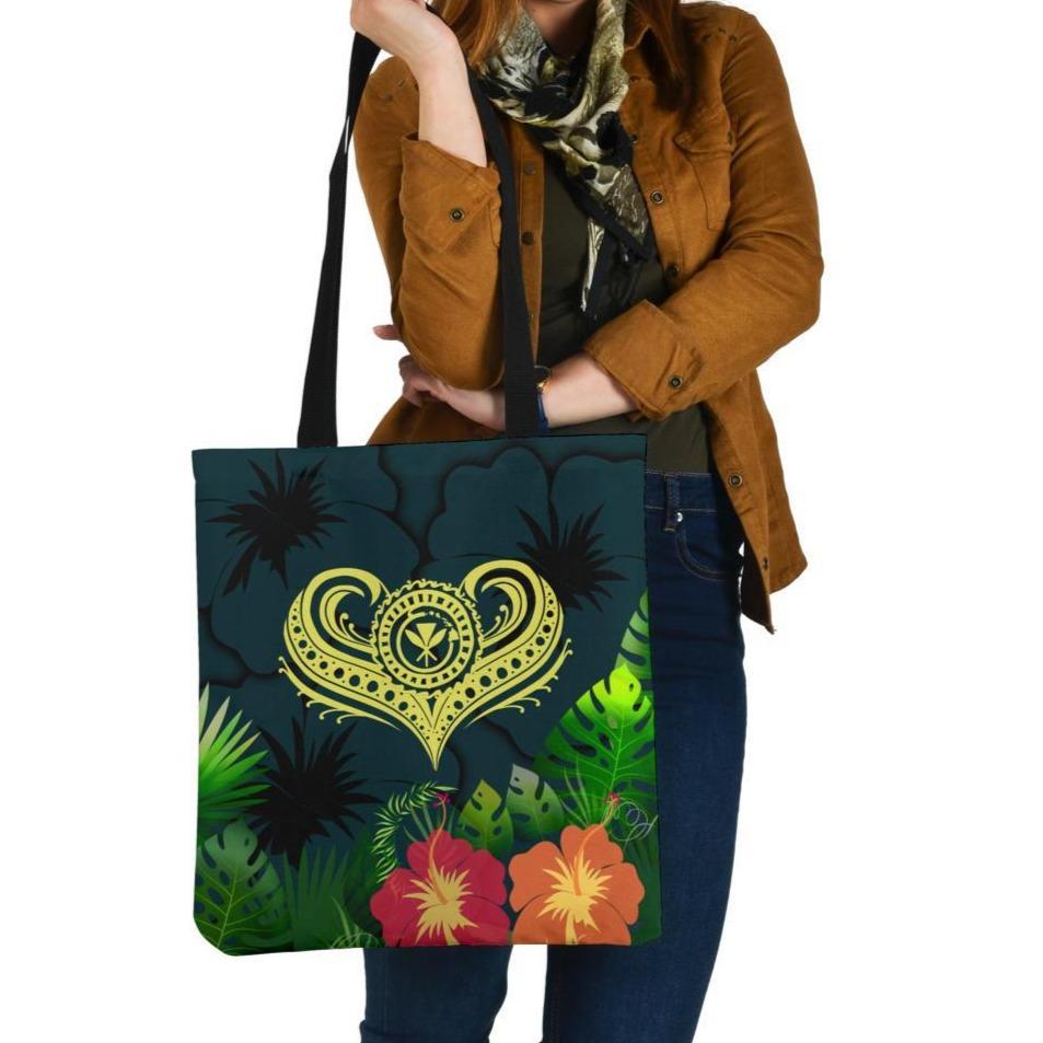 Polynesian Hawaii Kanaka Maoli Tote Bag - Heart with Hibiscus Tote Bag One Size Green - Polynesian Pride