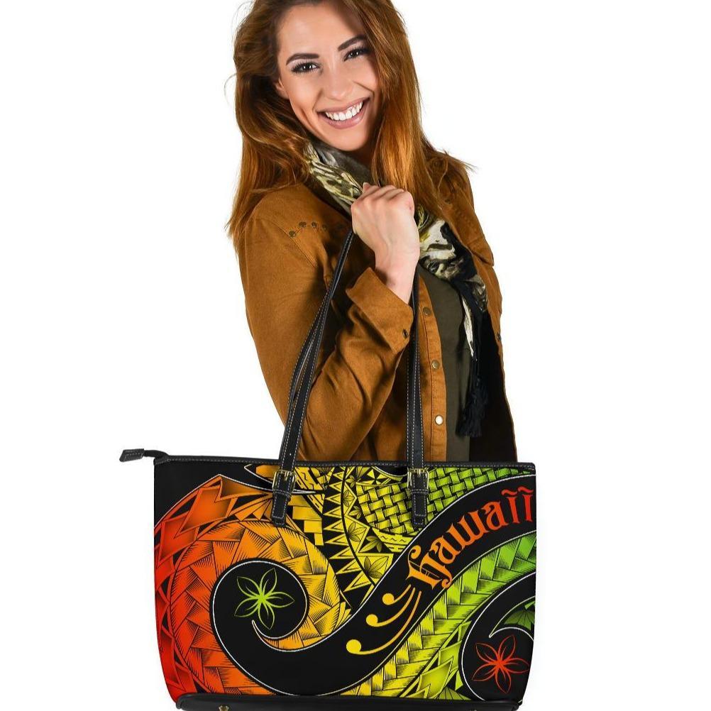 Hawaii Leather Tote Bag - Hawaii Polynesian Decorative Patterns Black - Polynesian Pride