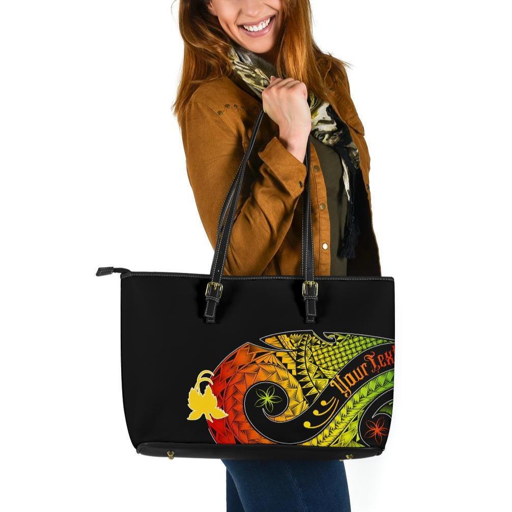 Papua New Guinea Personalised Large Leather Tote Bag - PNG Bird And Polynesian Decorative Pattern Reggae - Polynesian Pride