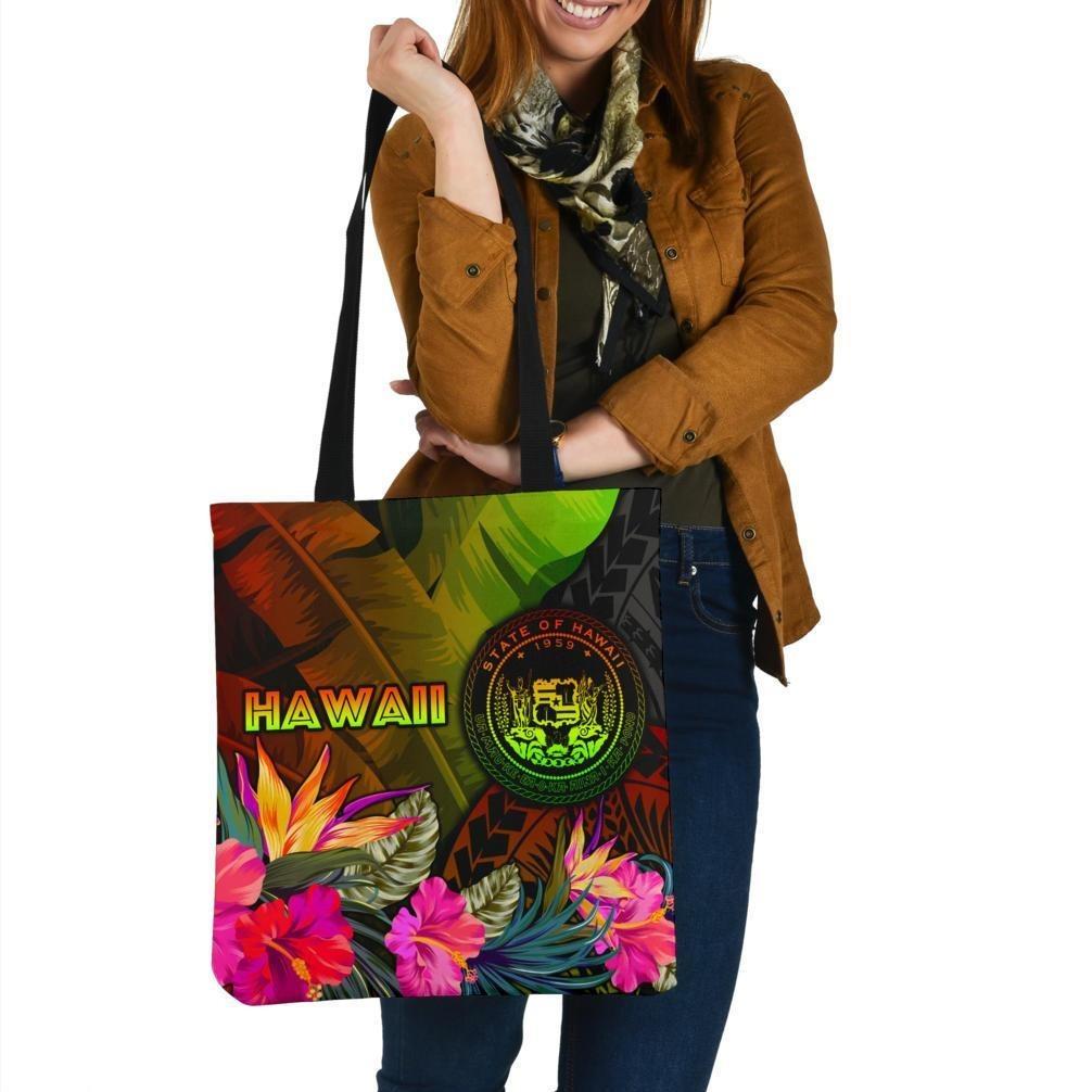 Polynesian Hawaii Polynesian Tote Bags - Hibiscus and Banana Leaves Tote Bag One Size Reggae - Polynesian Pride